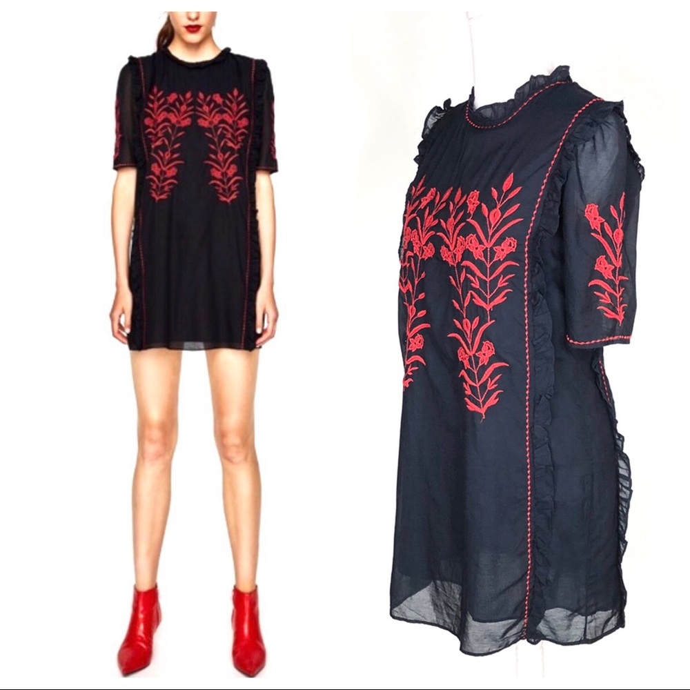 Zara black red embroidery ruffle boho minidress